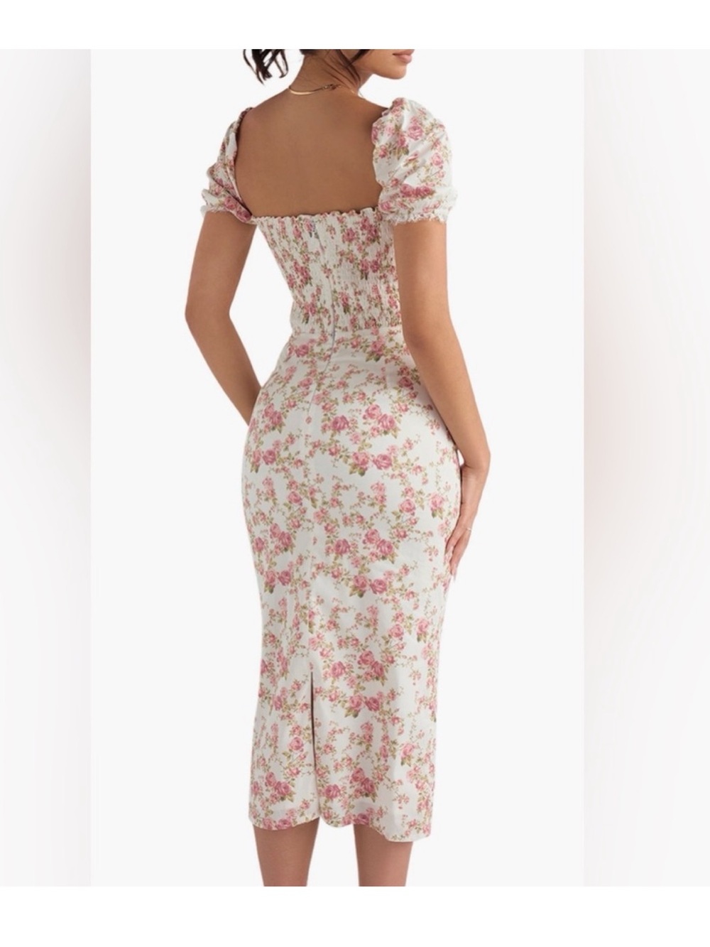 House of CB Smocked Square Neck Floral Midi Dress - White/Pink - Picture 2 of 3